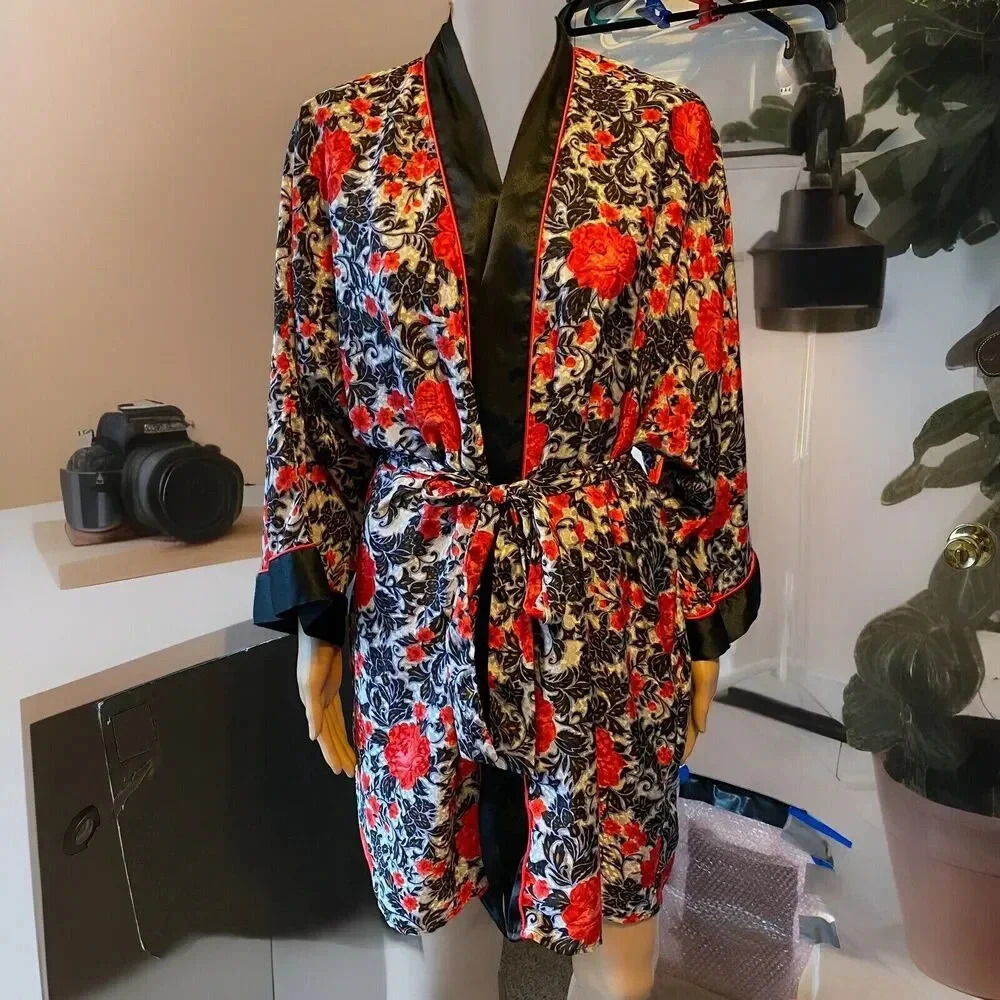Y2K Samye Newman Lady M Floral Semi-Sheer Chiffon Kimono Robe Cottagecore Roman